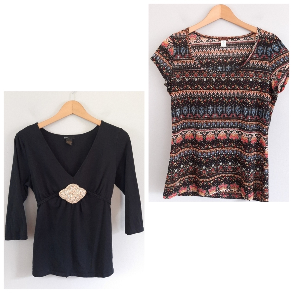 Multicolor Patterned Tee & Black V-Neck Beaded Top Bundle